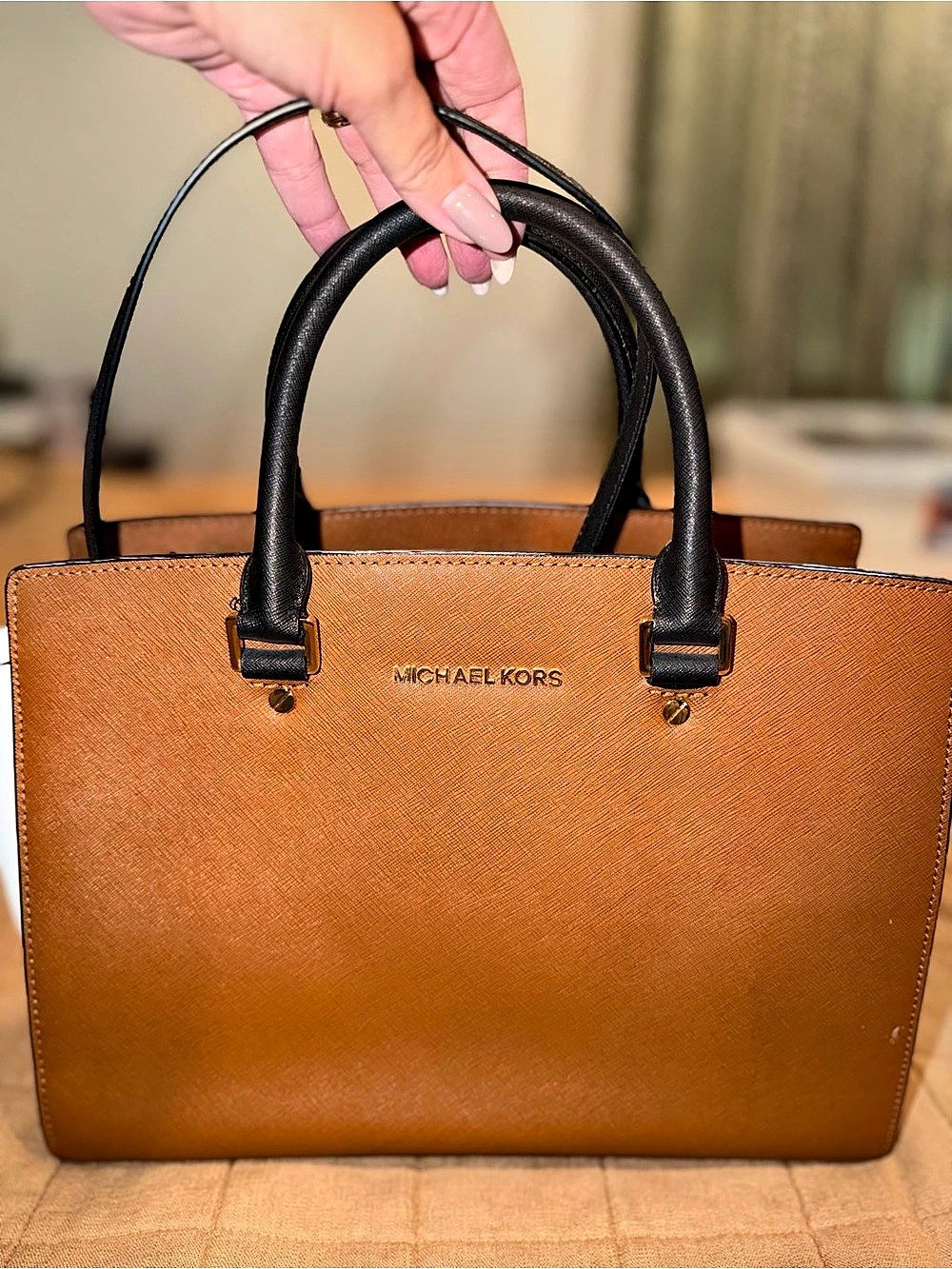 Michael Kors Prism Tri-Color Saffiano Leather Satchel Brown & White